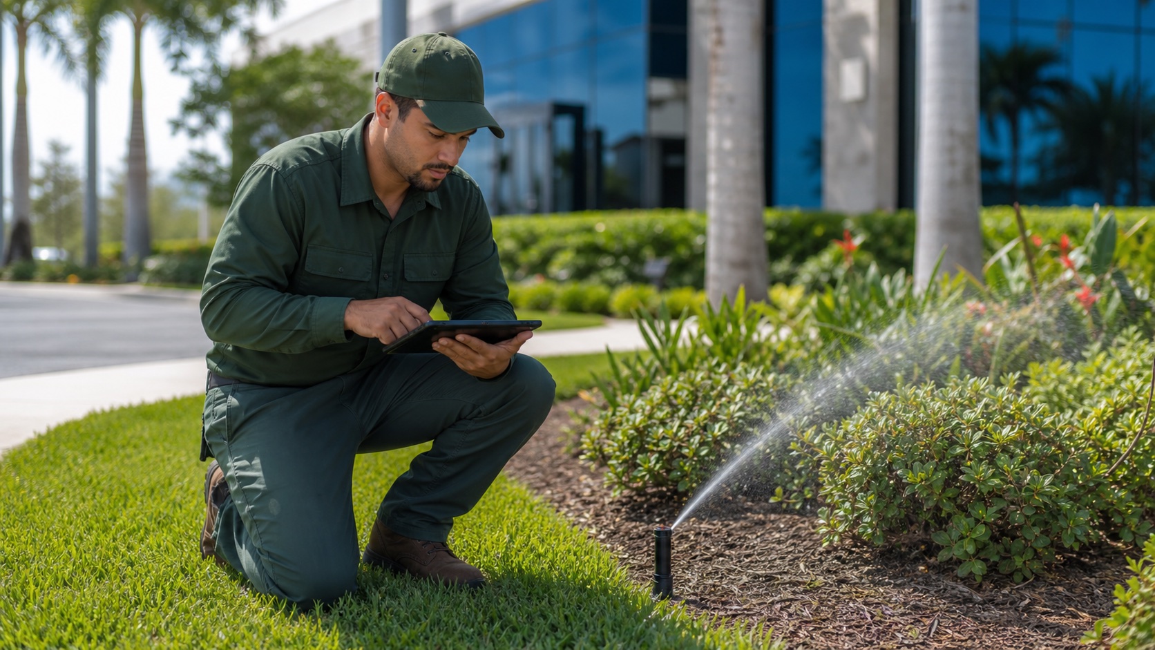 Commercial irrigation technician reviewing sprinkler coverage on a Florida property